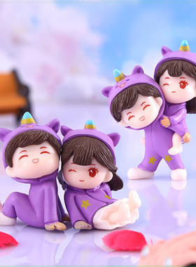 可爱睡衣情侣摆件塑料卡通小人创意手工蛋糕装饰微景观花盆摆设