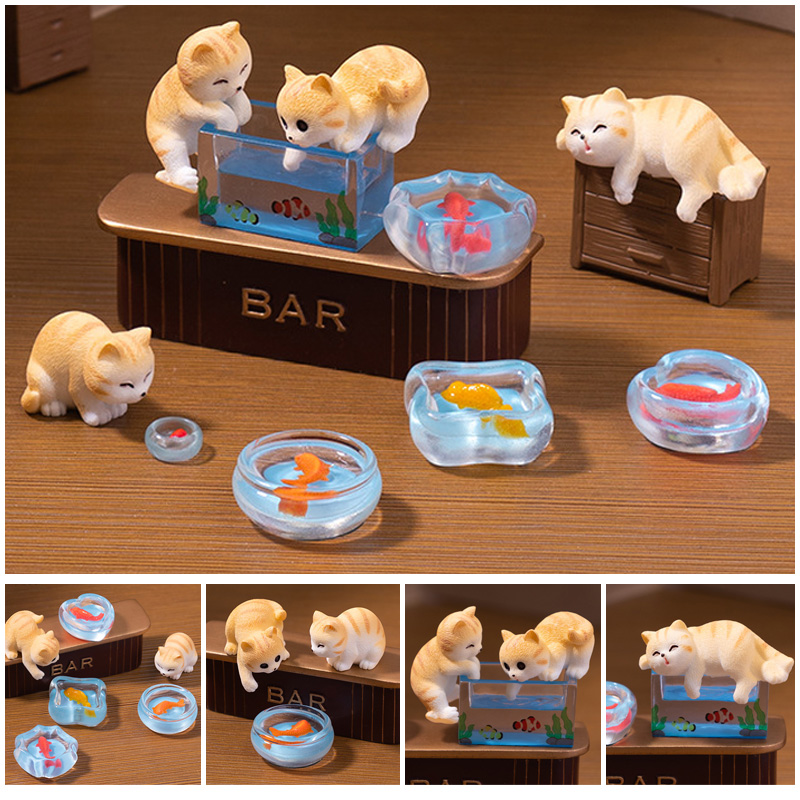 微景观手工造景鱼缸捞鱼小猫摆件