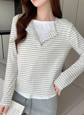 K2711严选韩系圆领假两件条纹长袖T恤女早秋宽松慵懒棉打底衫上衣
