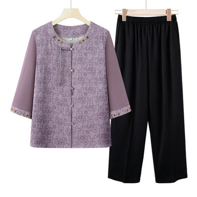 奶奶装夏季套装新款妈妈中式衬衫老年人女装夏装两件套老太太衣服