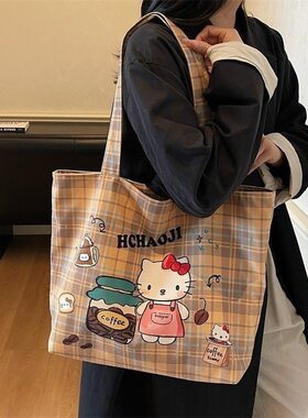 红色kitty格子单肩包甜美布包女孩零食手提包春游研学托特包大包