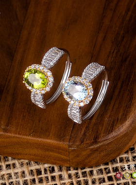 S925纯银戒指女镶嵌石榴石水晶石橄榄石天然彩宝食指戒小红书爆款