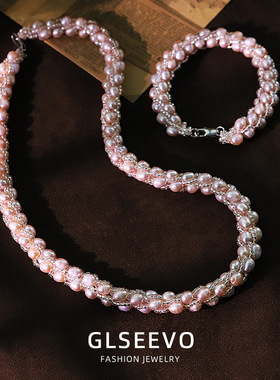 天然紫色珍珠玻璃套装项链手链轻奢气质锁骨链感百搭时尚首饰