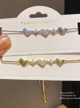 14k真金电镀锆石爱心手链欧美复古简约时尚手环轻奢感手饰女