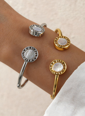 欧美跨境冷淡风贝母圆形开口手镯时尚小众气质手环简约百搭手饰女