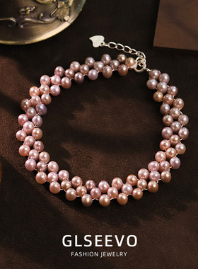 原创紫色天然珍珠s925纯银手链轻奢百搭手镯小众感手串手饰品