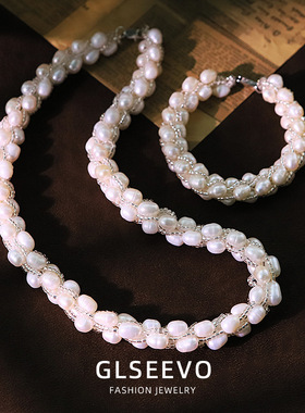 原创天然白色珍珠玻璃套装项链手链轻奢气质锁骨链感百搭首饰