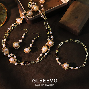 花朵天然珍珠回形针链条手链耳环项链套装时尚手环气质感首饰