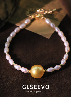 原创黄色s家珠天然珍珠铜珠手链女精致感百搭手镯手串手饰品