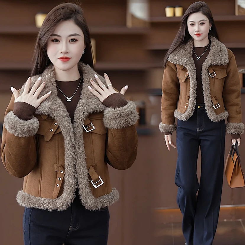 小个子穿搭皮毛一体羊羔绒女2025冬季加厚保暖百搭仿鹿皮绒短外套