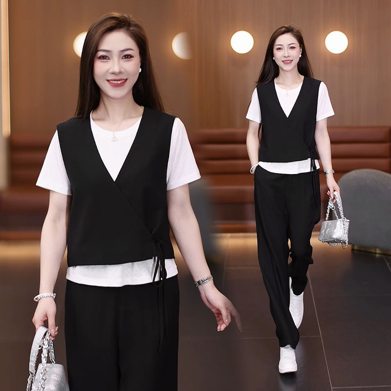 时尚休闲套装女夏季短袖T恤马甲阔腿裤三件套百搭遮肚子显瘦气质