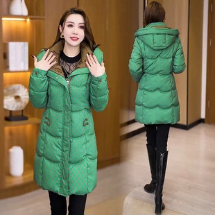 中长款连帽羽绒棉服女时尚千鸟格2025冬季新款加厚保暖棉袄外套女