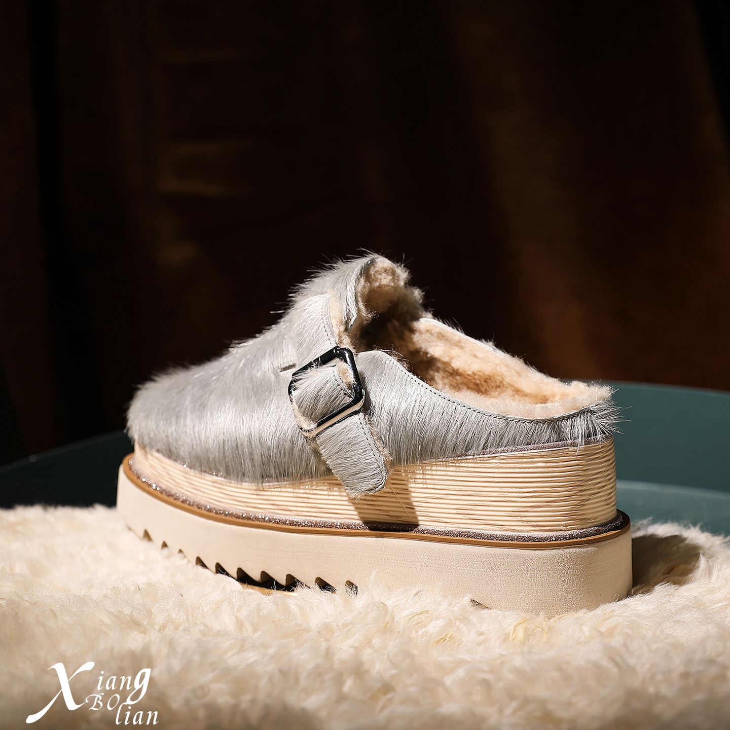 XIANGBOLIAN厚底一脚蹬毛毛拖鞋