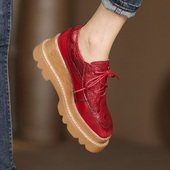 方头复古高跟厚底单鞋 杨小东真皮系带平底布洛克松糕鞋 女原创新款