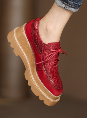 杨小东真皮系带平底布洛克松糕鞋女原创新款方头复古高跟厚底单鞋