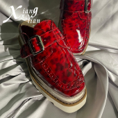 XIANGBOLIAN 女外穿 意大利手工点花高级感牛漆皮增高厚底包头拖鞋