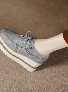 鞋子女灰色真皮厚底单鞋女原创春夏新款方头时尚英伦风高跟松糕鞋