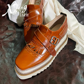 XIANGBOLIAN 纯手工流苏布洛克鞋 手工鞋 油蜡牛皮增高厚底松糕单鞋