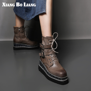 XIANGBOLIAN真皮增高厚底新款 马丁靴女士坡跟松糕短靴机车靴裸靴