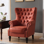美式 乡村老虎椅客厅休闲单人皮沙发椅极简科技布拉扣高背单椅