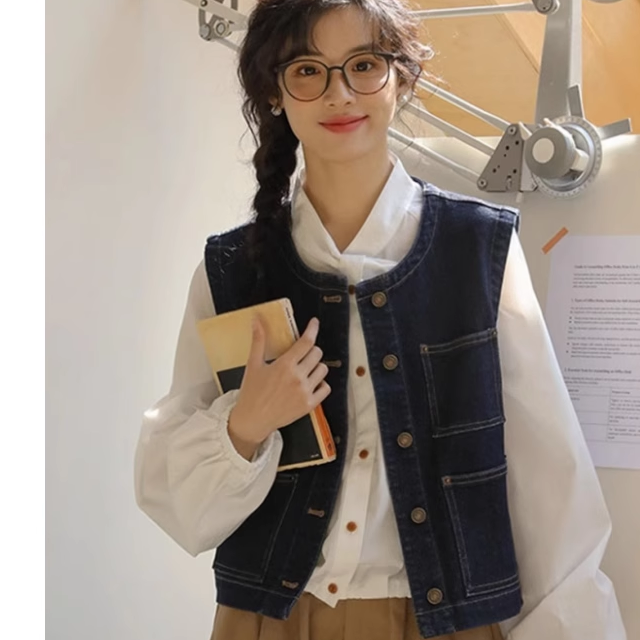 日系外搭叠穿衬衫牛仔马甲背心女春季2025新款小个子复古坎肩马夹