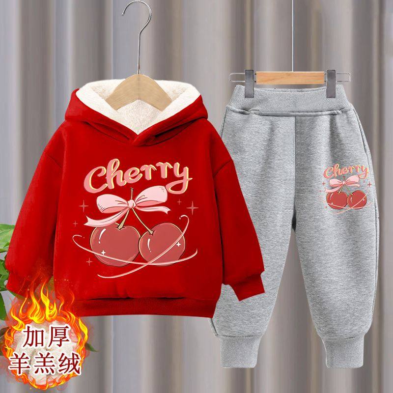 加绒女童冬装套装2023新款女孩加厚时髦卫衣女宝宝运动连帽两件套