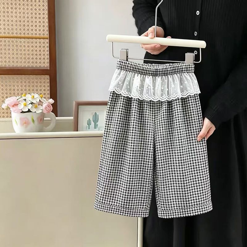女童夏季九分阔腿防蚊蕾丝格子裤
