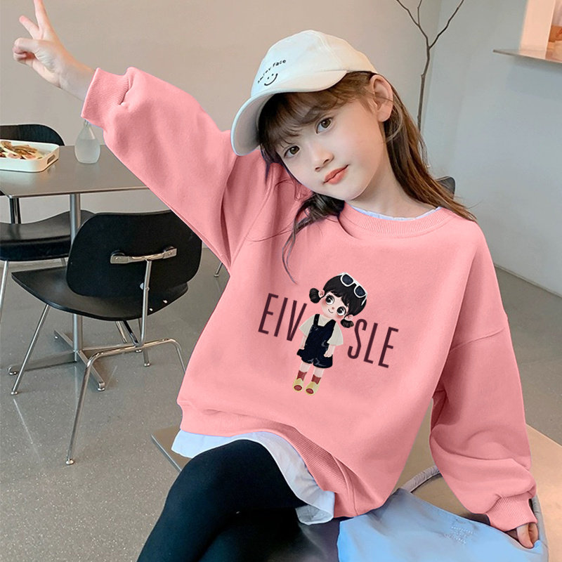 女童卫衣春秋款假两件打底衫女孩春装儿童上衣女2024年中大童T恤