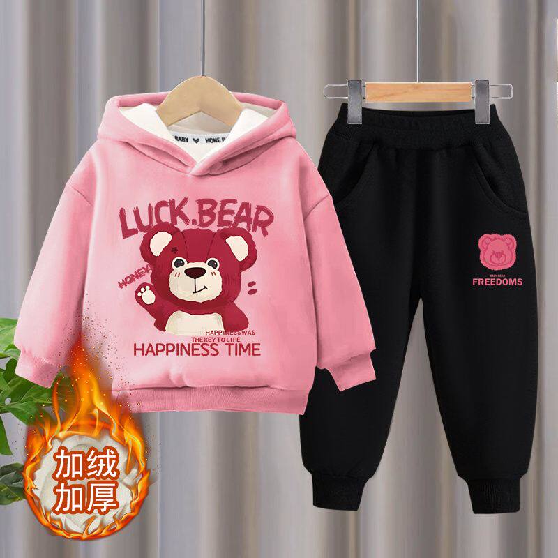 女童加绒套装秋冬款洋气时髦中小儿童宝宝加厚连帽卫衣运动两件套