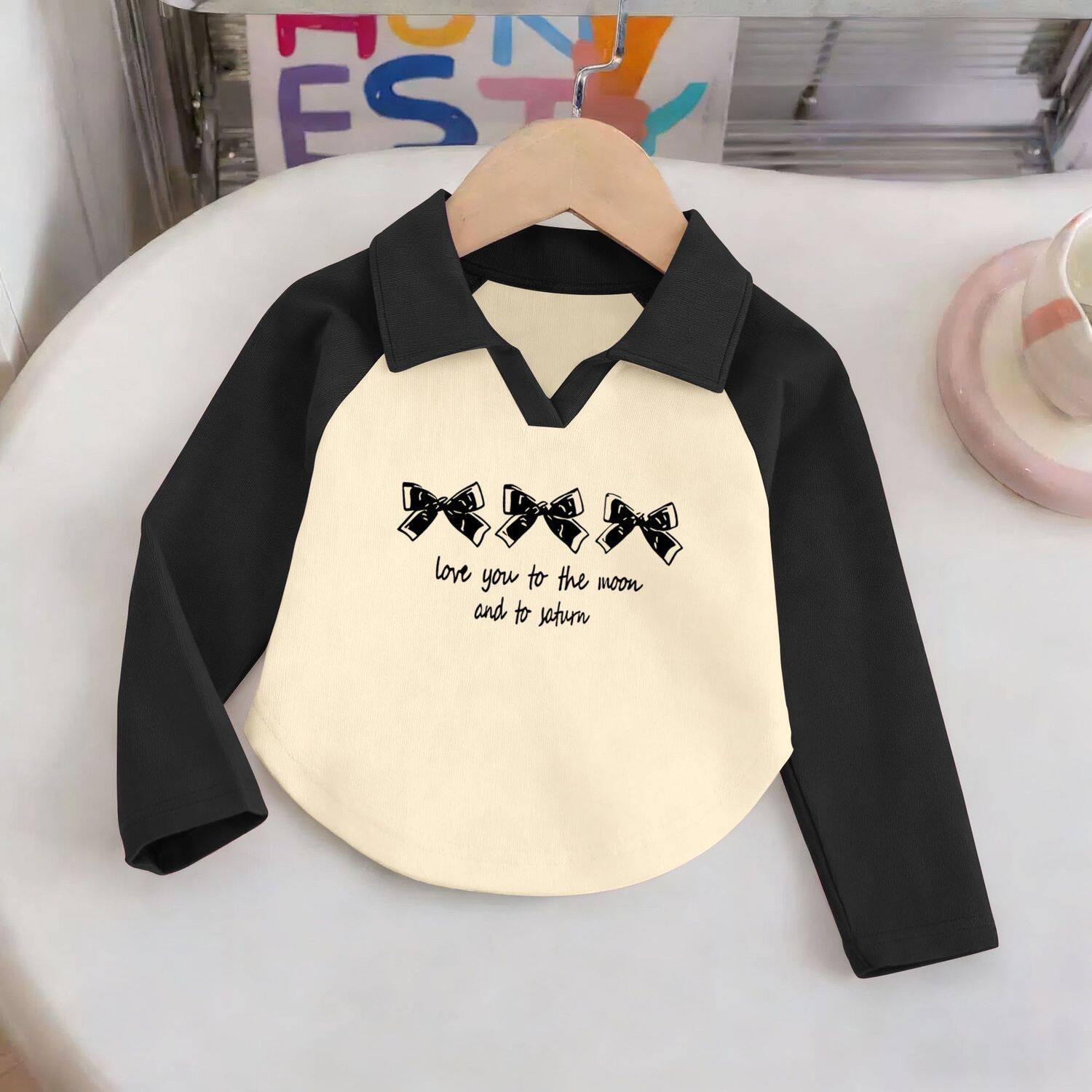 女童长袖T恤春季款儿童翻领套头polo衫打底衫V领蝴蝶结学院上衣