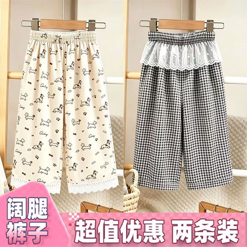 女童夏季蕾丝边透气阔腿九分裤图片