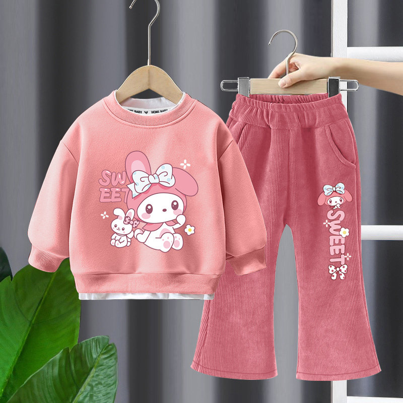 韩版童装洋气卫衣套装秋季新款女童卡通套头衫上衣喇叭裤子两件套
