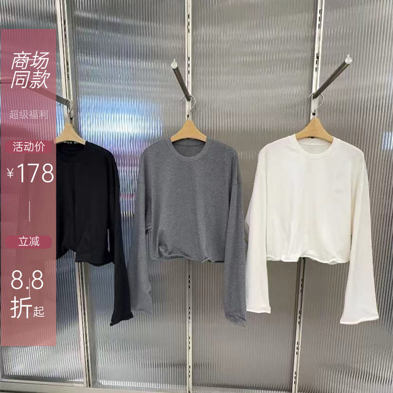 现货【商场同款】2025春款简约休闲宽松圆领高腰短款纯色卫衣T恤