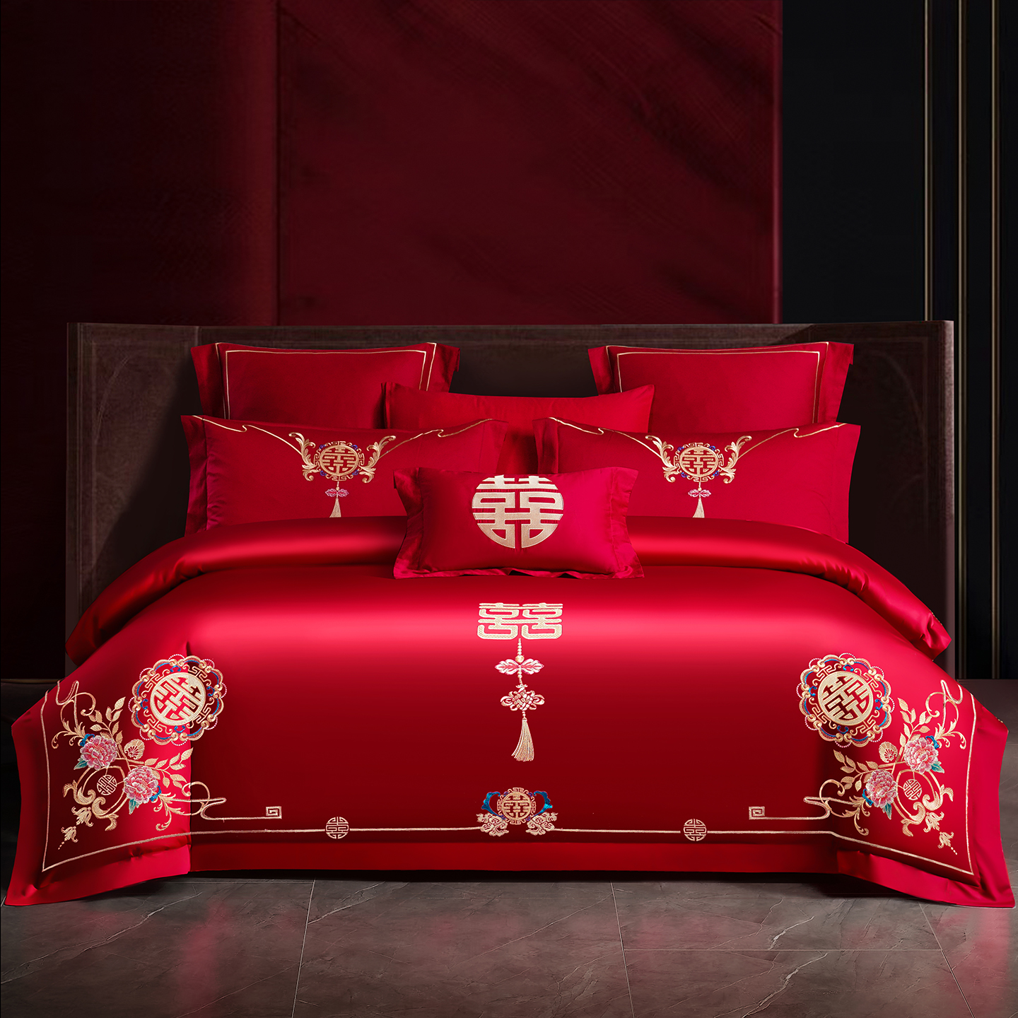 高档婚庆四件套大红纯棉不褪色