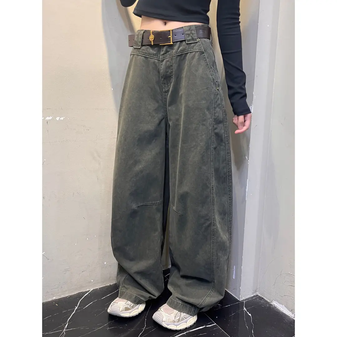 美式复古立口袋弯刀休闲裤女2025秋季新款宽松简约休闲拖地裤子