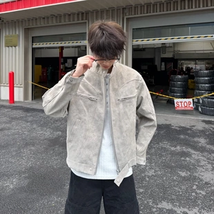 【王零五】2026款美式覆盖夹克擦色设计PU皮男女情侣款式休闲外套