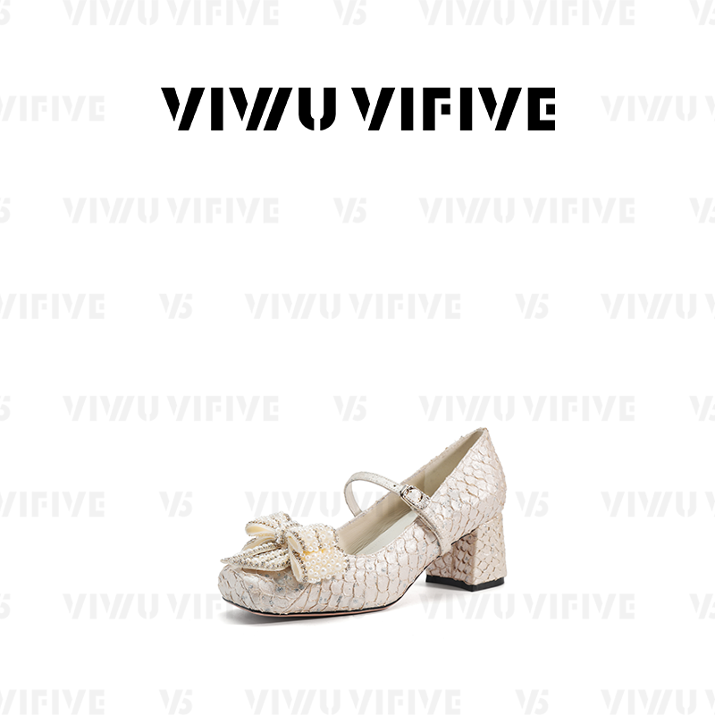 V5 VIWU·VIFIVE「梵希」小香风鱼皮珍珠蝴蝶结玛丽珍女春季单鞋,女鞋,浅口单鞋,淘宝优惠券,粉丝福利购,淘宝优惠卷