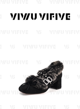V5 VIWU·VIFIVE「缅因」粗跟女鞋法式复古水钻方扣兔毛高跟鞋子