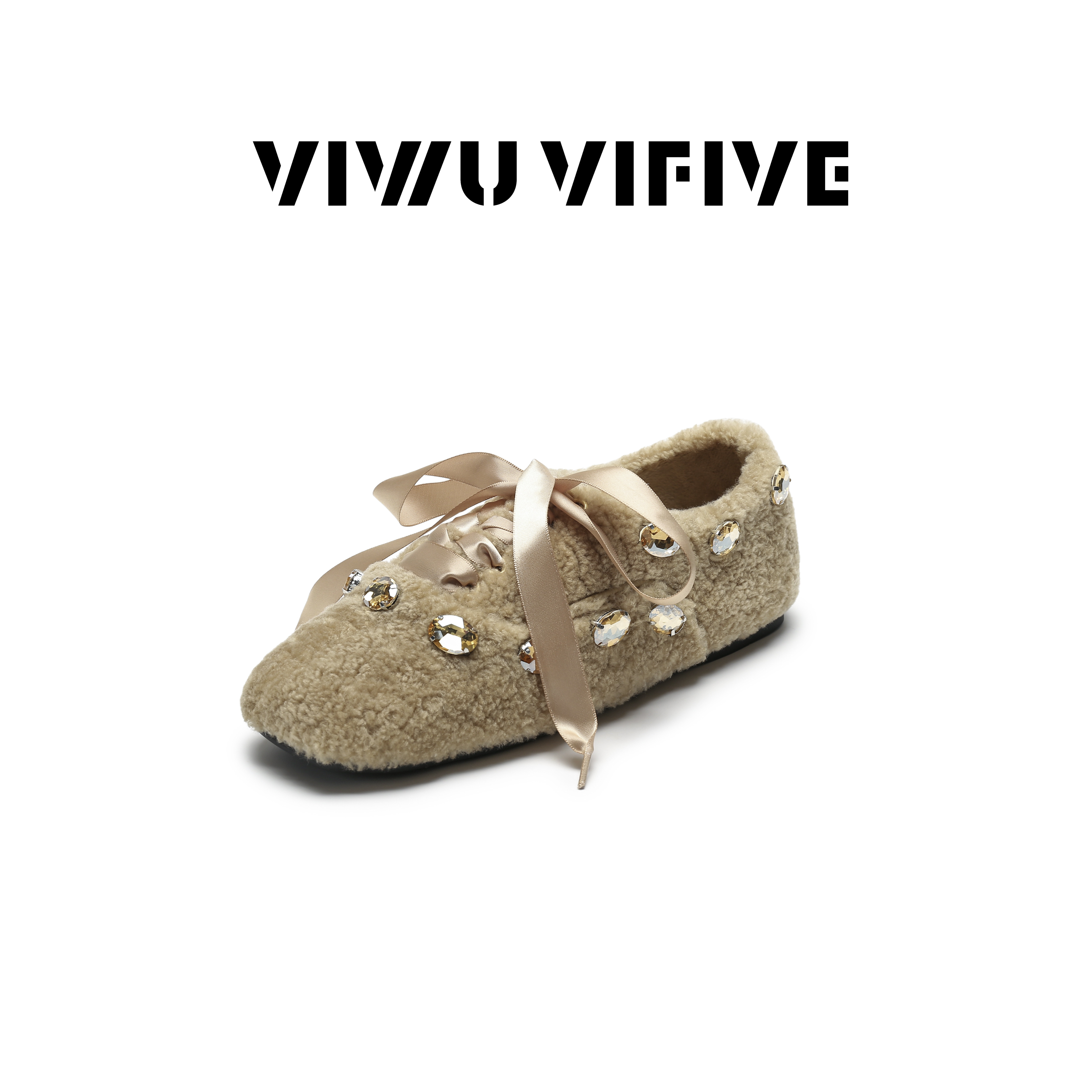 「暖酥」2025新款爆款流光风丝带毛毛水钻芭蕾风方头德训单鞋女