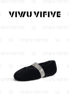 V5 VIWU·VIFIVE「黑瓷」水钻带毛茸茸玛丽珍芭蕾风兔毛平底鞋子