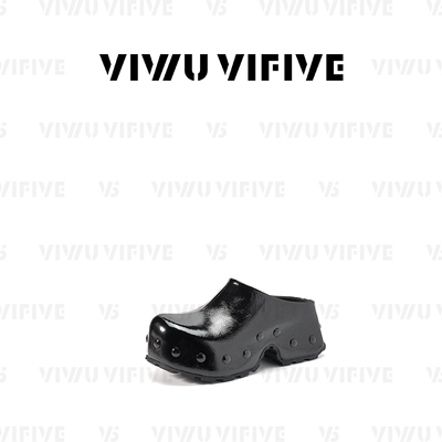 V5 VIWU·VIFIVE「曜石」包头拖休闲厚底增高一脚蹬漆皮铆钉半拖