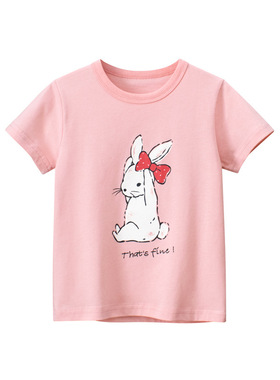 27home纯棉2026夏季卡通兔子儿童短袖T恤 可爱童装女童粉红色上衣