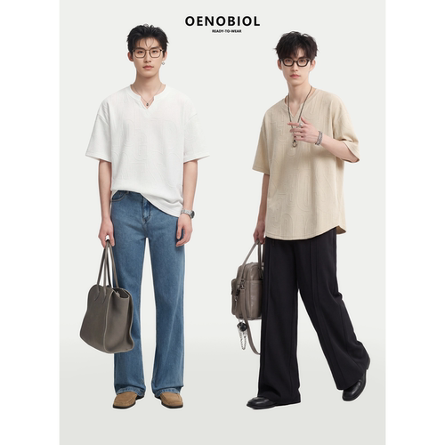 日系提花小V领宽松短袖T恤男士