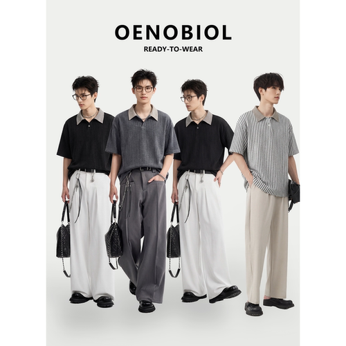 痞帅复古条纹翻领宽松短袖T恤男