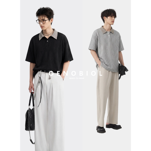 夏季条纹翻领宽松短袖T恤男士