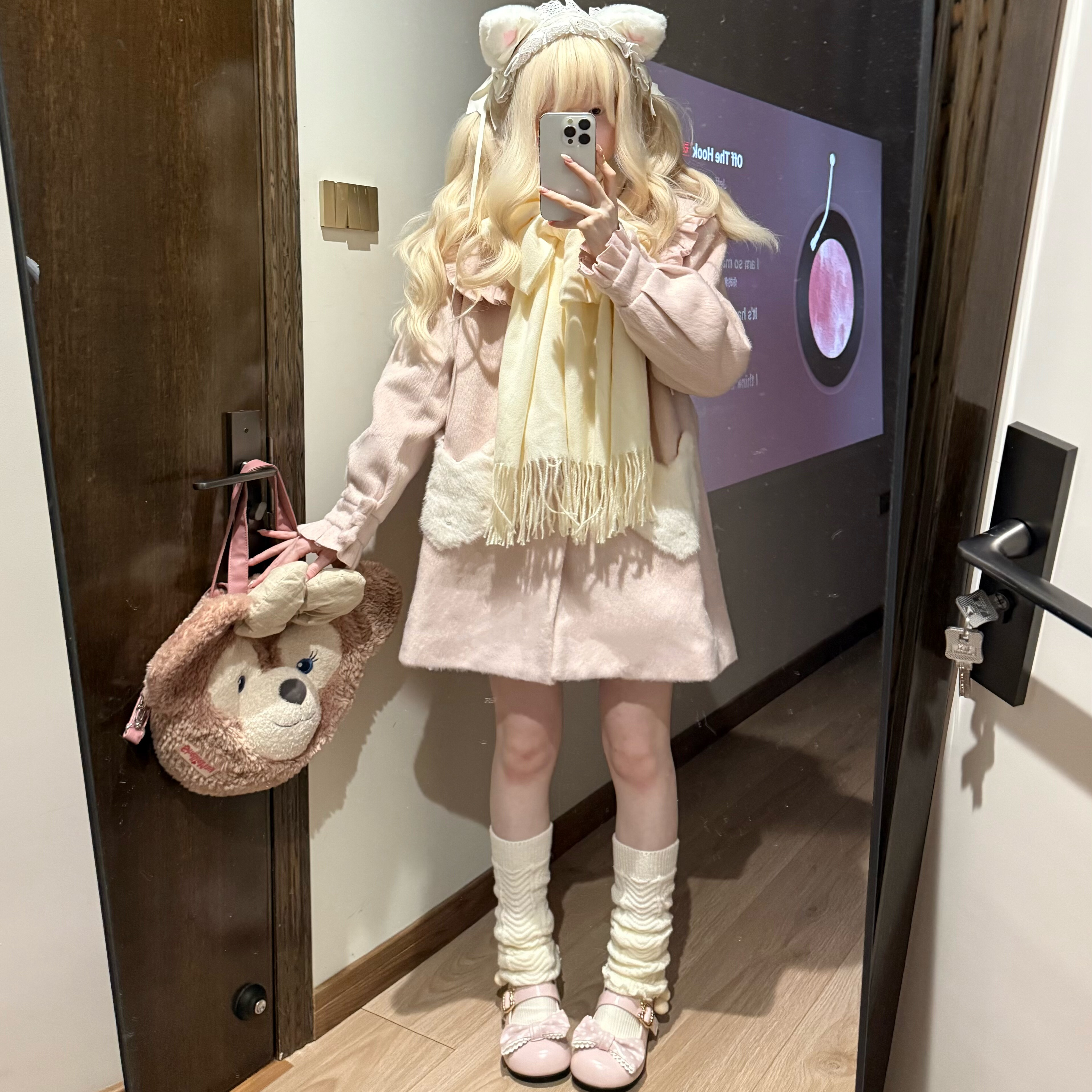 现货*糯糯兔宽松版毛呢大衣围巾两件套秋冬保暖防风