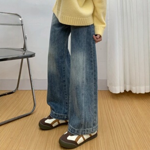 大码高腰阔腿弯刀牛仔裤女秋冬2025新款胖mm小个子直筒拖地长裤子