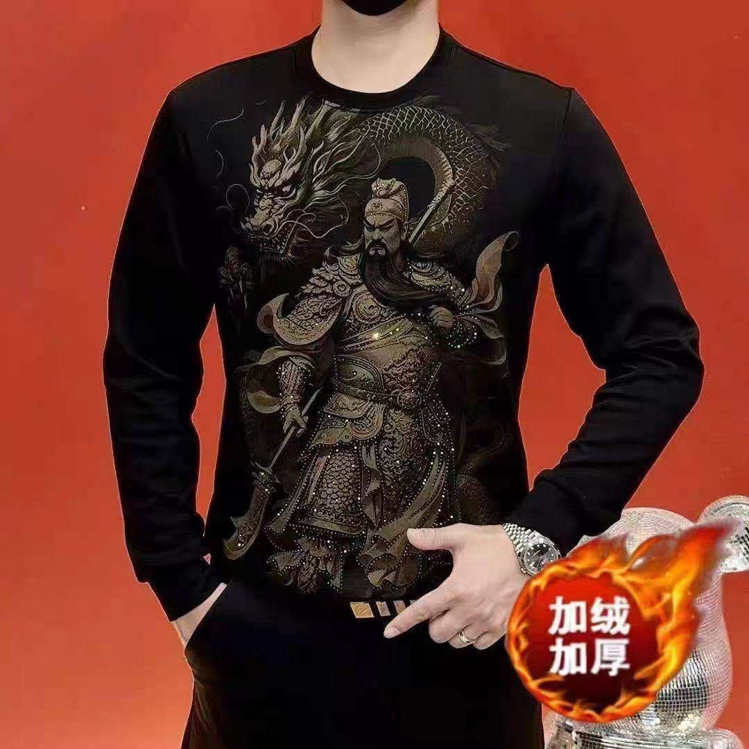 欧货秋冬圆领加绒卫衣男士烫钻保暖长袖T恤修身时尚潮流关公上衣