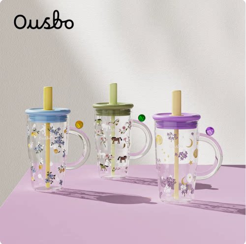 OUSBO花花玻璃水杯女生高颜值吸管桌面杯新款大容量咖啡饮品杯子