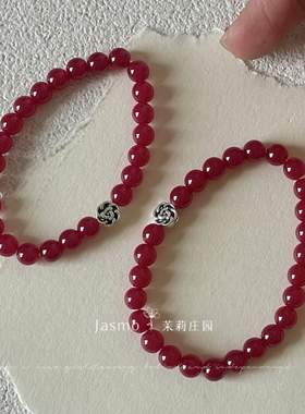 原创天然红宝石串珠手串手链纯银